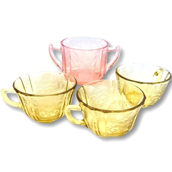 Antique Federal Glass Tea Cup Set, Depression Glass Sugar Bowl, Pink Yellow EUC - Picture 1 of 10